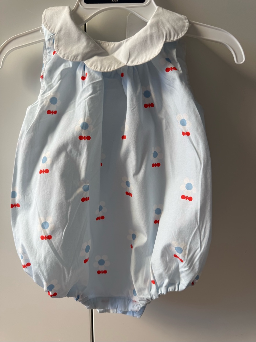 Jacadi Light Blue Bubble Romper with Red Accent Print